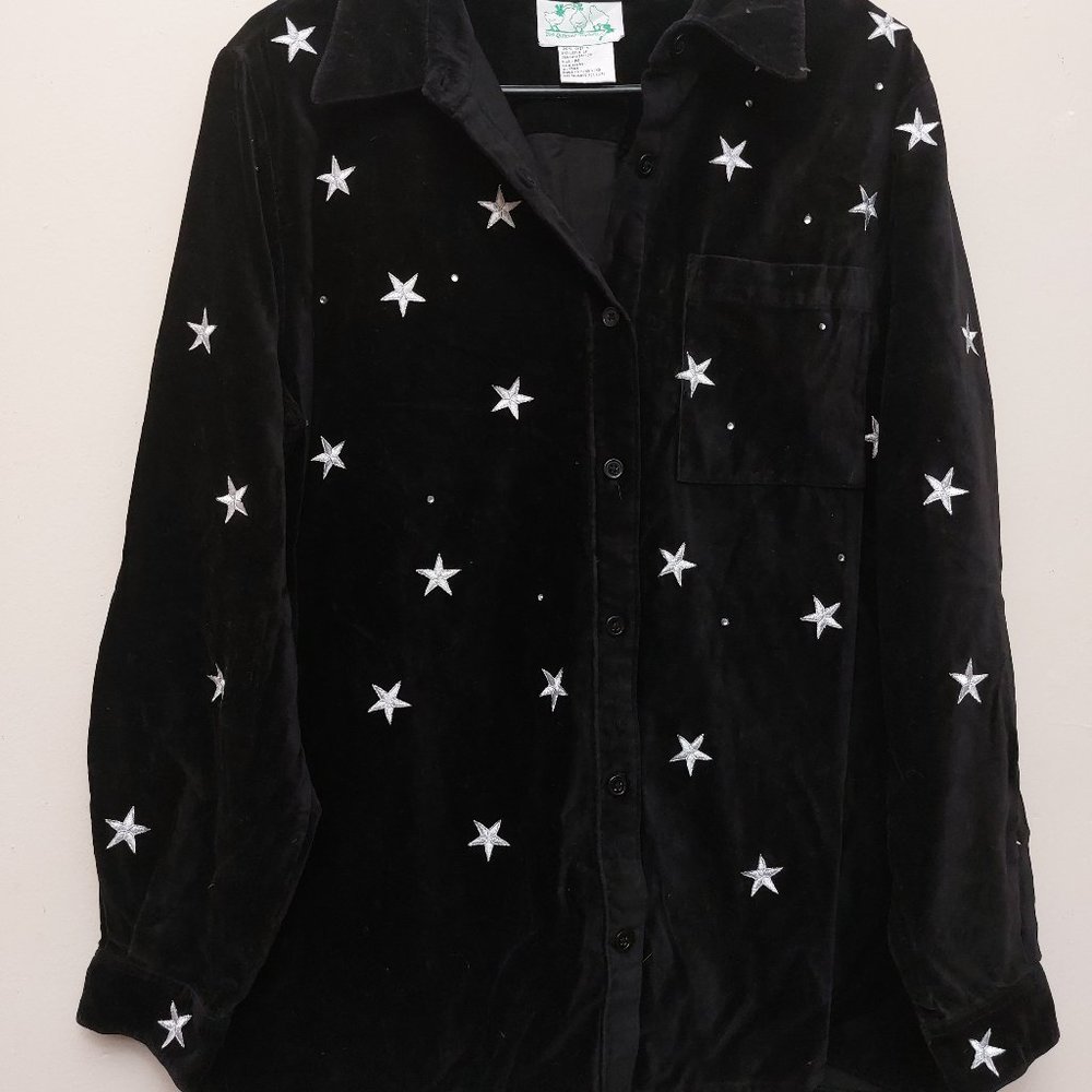 Quacker Factory Velvet Button Up with Embroidered Silver Stars - EUC - M